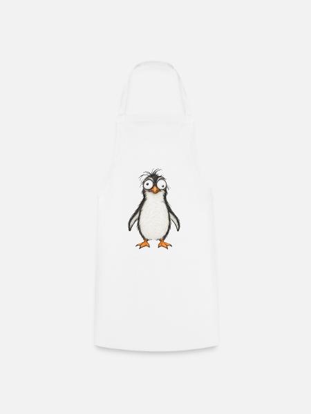 Verrückter Pinguin mit großen Augen – Bleistiftzeichnung - Kochschürze - Weiß