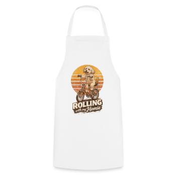 Maltipoo auf Bonanza-Rad – Rolling mit Kumpel - Kochschürze - Weiß - Vorne - AI Model Male 185 dark (185cm)