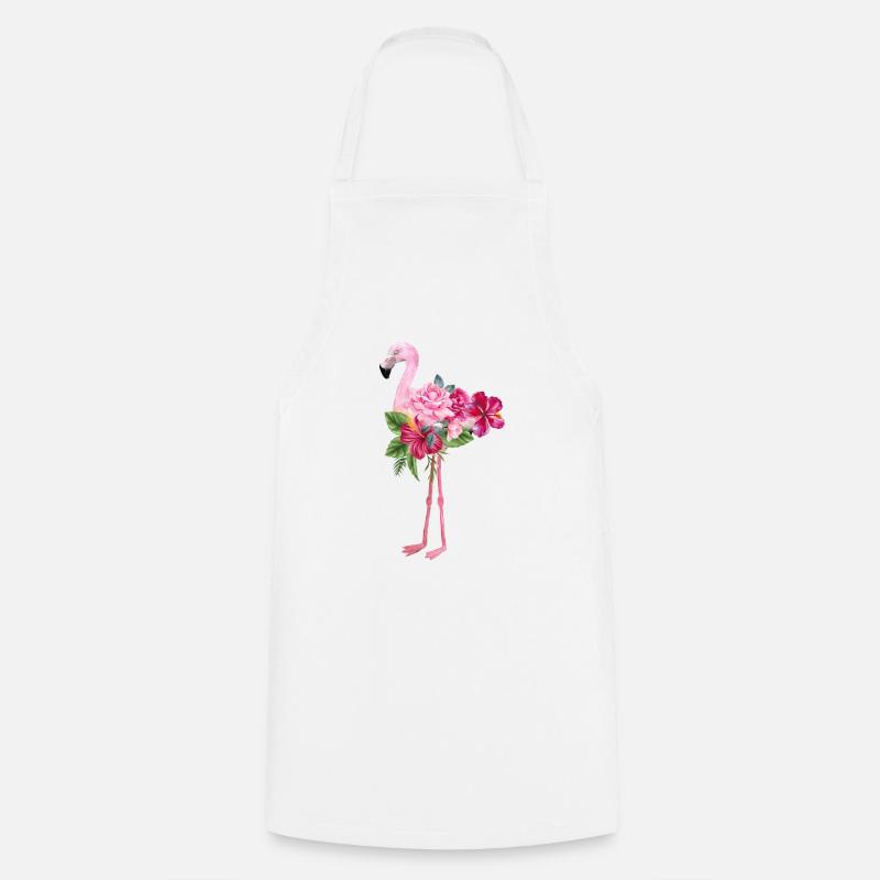 flamant rose avec des fleurs - Tablier de cuisine - blanc