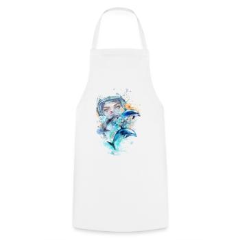 Watercolor: 3 dolphins with scuba diver - Cooking Apron - white - Front - AI Model Male 185 dark (185cm)