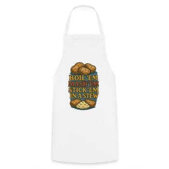 Boil Em Mash Em Eintopf Kartoffeln - Kochschürze - Weiß - Vorne - AI Model Male 185 dark (185cm)