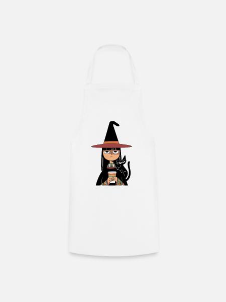 Grumpy Witch with Coffee and Black Cat – Halloween - Kochschürze - Weiß