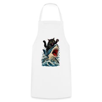 Angry Black Cat Riding a Great White Shark - Kochschürze - Weiß - Vorne - AI Model Male 185 dark (185cm)