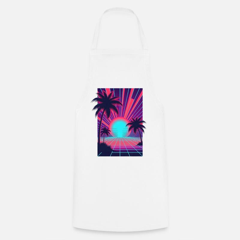 Coucher de soleil néon sur la plage de palmiers - Tablier de cuisine - blanc