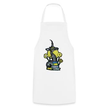Hexenkatze zwischen Büchern - Kochschürze - Weiß - Vorne - AI Model Male 185 dark (185cm)