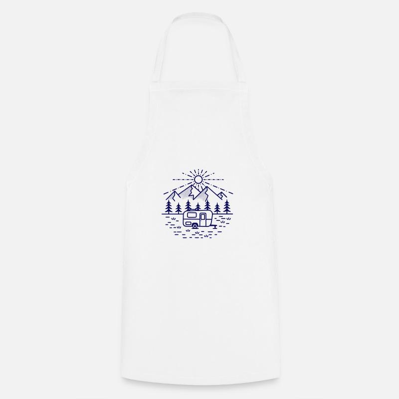 Mountains with camper in monoline design (day/blue) - Cooking Apron - white