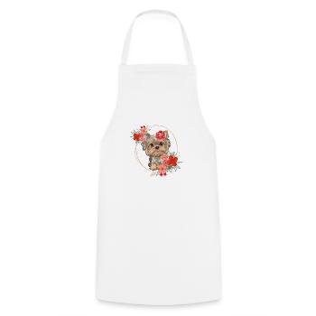 Frühlingsdesign - Yorkshire Terrier im Blumenkranz - Kochschürze - Weiß - Vorne - AI Model Male 185 dark (185cm)