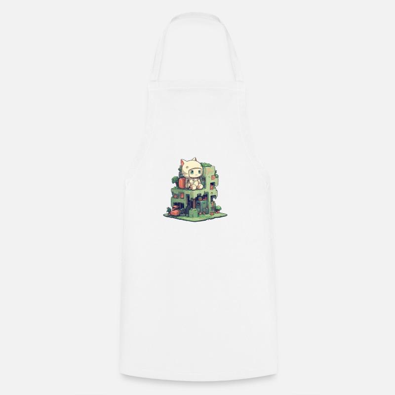 Small cute cat character sitting on a small buildi - Cooking Apron - white