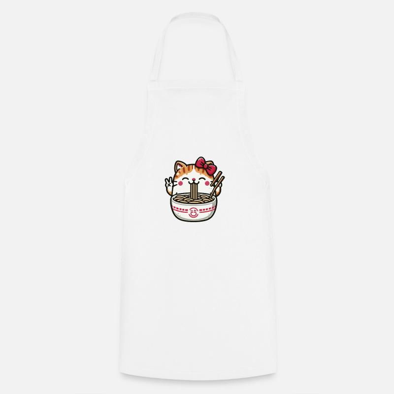 Chat Kawaii mignon mangeant des Ramen 2 - Tablier de cuisine - blanc