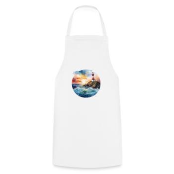 Phare majestueux au coucher du soleil avec des vagues déferlantes - Tablier de cuisine - blanc - Devant - AI Model Male 185 dark (185cm)