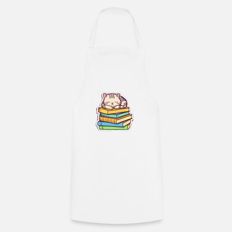 Sleeping Book Cat - Cooking Apron - white
