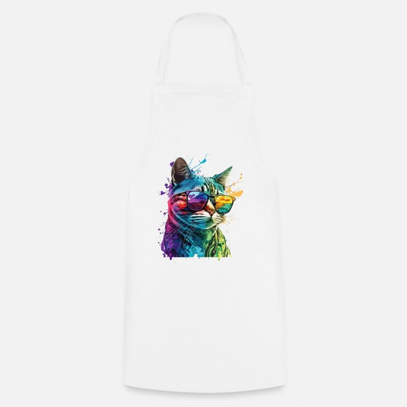 Chat avec des lunettes de soleil éclabousser l’art animal coloré - Tablier de cuisine - blanc