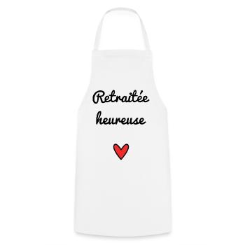 RETRAITEE. RETRAITE. BONNE RETRAITE. ANNIVERSAIRE. - Tablier de cuisine - blanc - Devant - AI Model Male 185 dark (185cm)