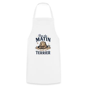 Pas du matin, plutôt terrier - Tablier de cuisine - blanc - Devant - AI Model Male 185 dark (185cm)