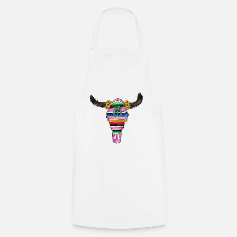 Serape Bull Skull and Turquoise - Cooking Apron - white