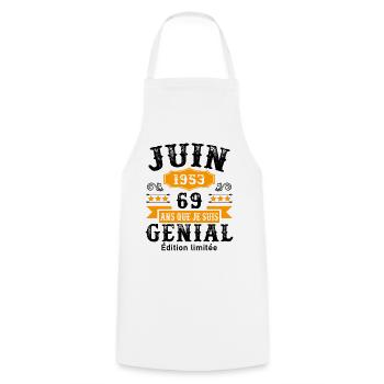 69 Ans Anniversaire Vintage Né(e) en Juin 1953 - Tablier de cuisine - blanc - Devant - AI Model Male 185 dark (185cm)
