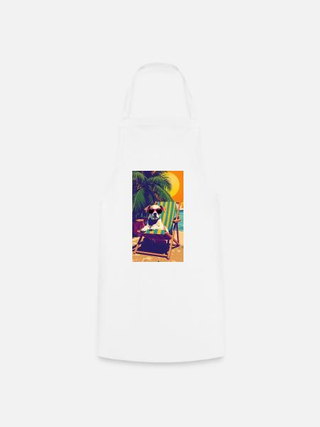 Dog at sunset on a beach chair - Cooking Apron - white