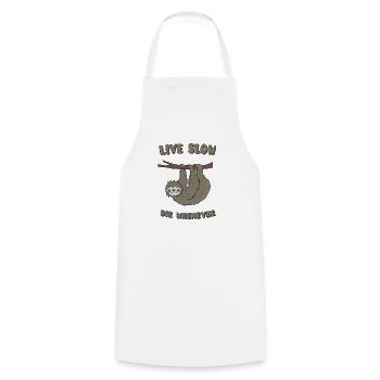 Funny & Cute Sloth "Live Slow Die Whenever" Slogan - Cooking Apron - white - Front - AI Model Male 185 dark (185cm)