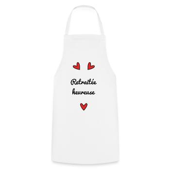 RETRAITEE. RETRAITE. BONNE RETRAITE. ANNIVERSAIRE - Tablier de cuisine - blanc - Devant - AI Model Male 185 dark (185cm)