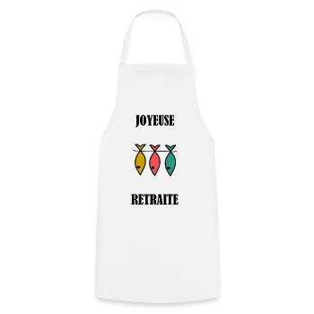 RETIREMENT. HAPPY RETREAT. HAPPY RETIREMENT - Cooking Apron - white - Front - AI Model Male 185 dark (185cm)