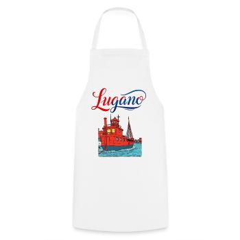 Lugano Hafenlandschaft Kunstdruck - Kochschürze - Weiß - Vorne - AI Model Male 185 dark (185cm)