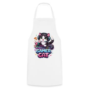 Gamer Cat - Kawaii Cat with Headset & Keyboard - Cooking Apron - white - Front - AI Model Male 185 dark (185cm)