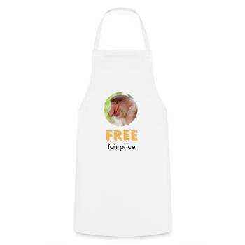 Free fair price | Black text - Cooking Apron - white - Front - AI Model Male 185 dark (185cm)