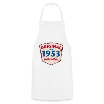 1953 Blechschild - limeted edition - Vintage - Kochschürze - Weiß - Vorne - AI Model Male 185 dark (185cm)