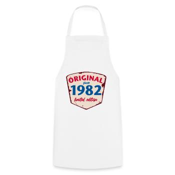1982 Blechschild - limeted edition - Vintage - Kochschürze - Weiß - Vorne - AI Model Male 185 dark (185cm)