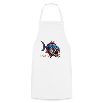 Jäger-Prädator-Fisch-Cartoon - Kochschürze - Weiß - Vorne - AI Model Male 185 dark (185cm)