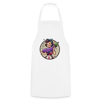 Housewife shyly holding a large eggplant - Cooking Apron - white - Front - AI Model Male 185 dark (185cm)