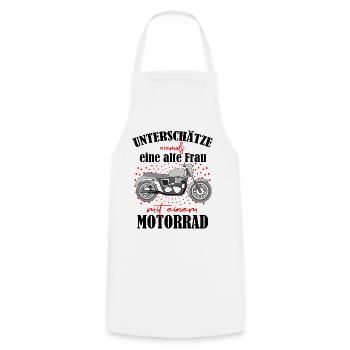Rentnerin Frau Motorrad Oma - Kochschürze - Weiß - Vorne - AI Model Male 185 dark (185cm)