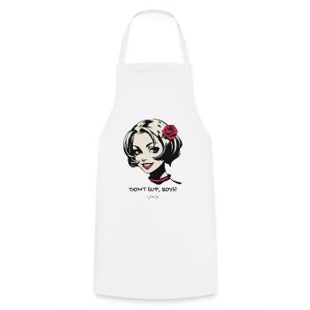 Don't Slip Guys – An Attractive Girl - Cooking Apron - white - Front - AI Model Male 185 dark (185cm)