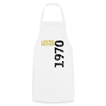 1970 ' s Limited Edition anniversaire cadeau femme mari - Tablier de cuisine - blanc - Devant - AI Model Male 185 dark (185cm)