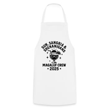 Sonne, Sangria & Shenanigans Magaluf Crew 2025 - Kochschürze - Weiß - Vorne - AI Model Male 185 dark (185cm)