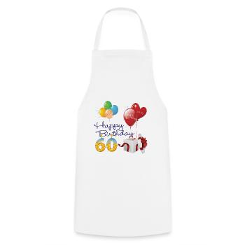 60e Joyeux anniversaire ballons bougies et cadeaux - Tablier de cuisine - blanc - Devant - AI Model Male 185 dark (185cm)