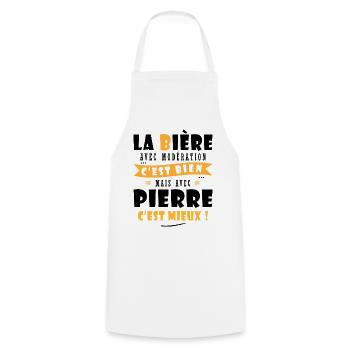 Pierre Bière Cadeau Humour cadeau pierre - Tablier de cuisine - blanc - Devant - AI Model Male 185 dark (185cm)