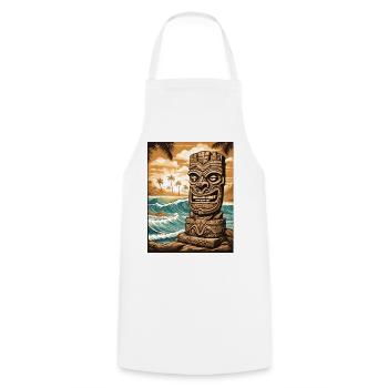 Tiki Statue am Strand - Kochschürze - Weiß - Vorne - AI Model Male 185 dark (185cm)