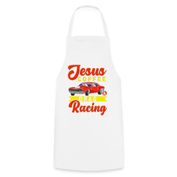 Jesus Coffee et conception de voitures musclées pour la course de dragsters - Tablier de cuisine - blanc - Devant - AI Model Male 185 dark (185cm)