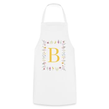 Florale Initialen "B", Buchstaben Monogramm  - Kochschürze - Weiß - Vorne - AI Model Male 185 dark (185cm)