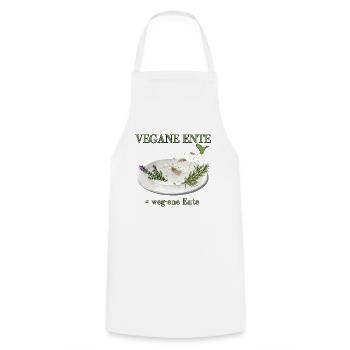 Vegane Ente - oder eher weg-ene Ente Satire - Kochschürze - Weiß - Vorne - AI Model Male 185 dark (185cm)