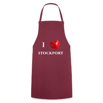 I Love Stockport - White Text - Cooking Apron - bordeaux - Front - AI Model Male 185 dark (185cm)