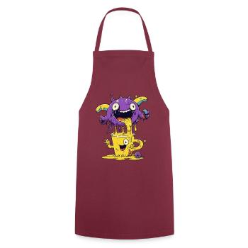 Monster Crash - Purple Monster and Yellow Cup - Cooking Apron - bordeaux - Front - AI Model Male 185 dark (185cm)