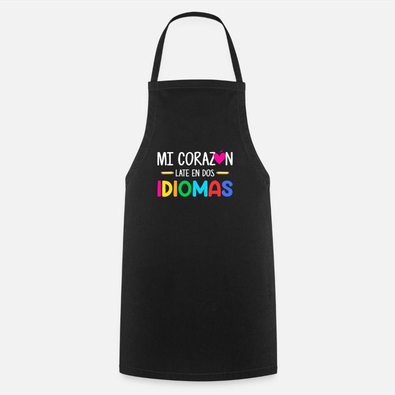 Mi corazon late en dos idiomas, bilingual Spanish - Cooking Apron - black