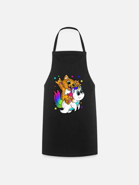 Cat Riding Unicorn Girls Boys Men Women design - Cooking Apron - black