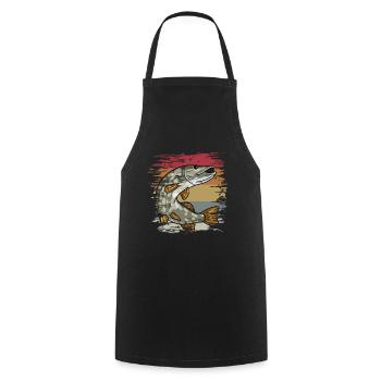 Brochets de pêche rétro - Tablier de cuisine - noir - Devant - AI Model Male 185 dark (185cm)
