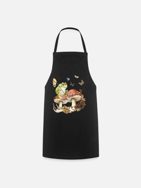 Aesthetic Frog on Mushrooms Butterflies Nature - Cooking Apron - black
