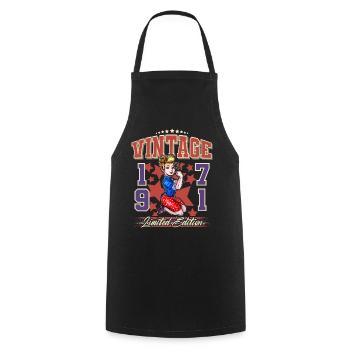 1971 Année de naissance Anniversaire Vintage Rockabilly - Tablier de cuisine - noir - Devant - AI Model Male 185 dark (185cm)