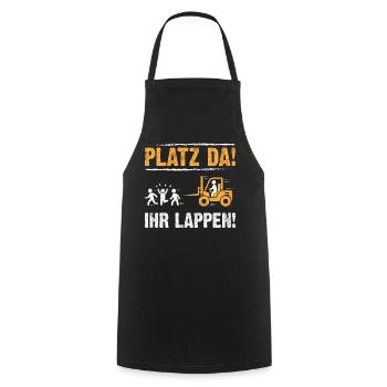 Platz da! Ih Lappen! | Staplerfahrer Outfit - Kochschürze - Schwarz - Vorne - AI Model Male 185 dark (185cm)