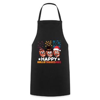 Happy Hello Thanksmas Halloween Thanksgiving Xmas - Cooking Apron - black - Front - AI Model Male 185 dark (185cm)
